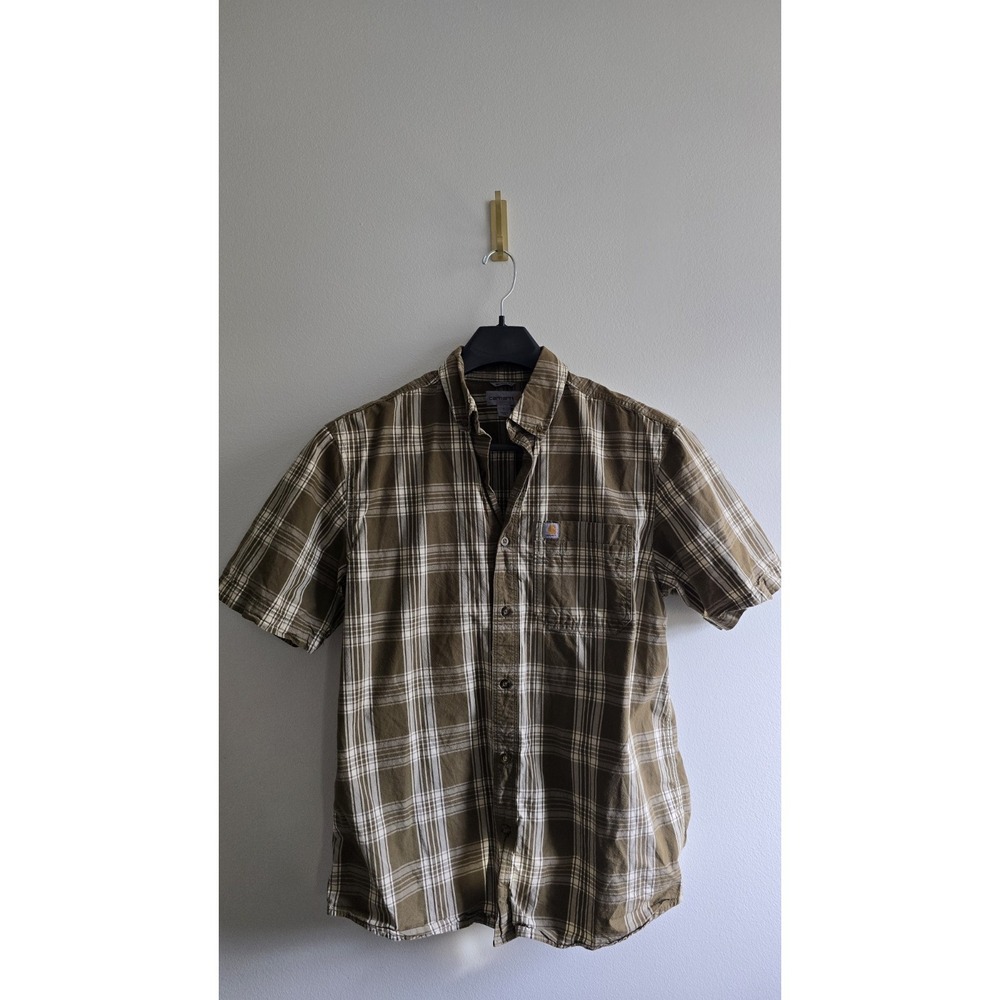 Carhartt Plaid ButtonUp Shirt Mens Large Relaxed Fit Brown Short Sleeve Workwear
